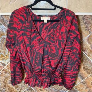 Women's Michael Kors Red & Black Abstract Print V-Neck Cinch Waist Blouse Medium